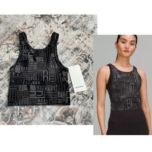 NWT Lululemon Power Pivot Everlux Tank Motif Women's 4 Black Logo Print